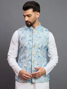 House of Pataudi Woven Design Mandarin Collar Nehru Jacket