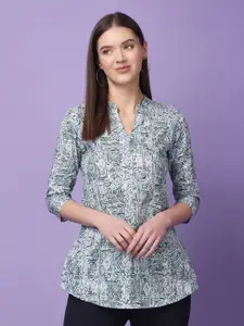 MEEAMI FASHION Geometric Print Mandarin Collar Cotton Shirt Style Top