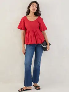 FEMMELLA Women Bell Sleeve Cotton Empire Top