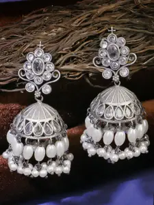 Sangria Silver-Plated Kundan Studded & Pearls Beaded Dome Shaped Oxidised Jhumkas