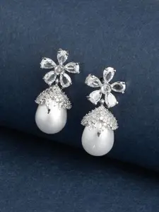 TEEJH Silver-Plated Foral Oxidised Drop Earrings