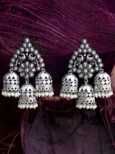 Sangria Silver-Plated Artificial Beaded Dome Shaped Oxidised Jhumkas