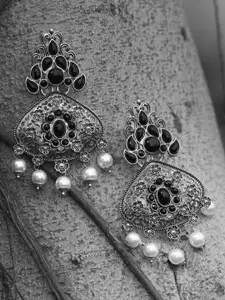 Sangria Silver-Plated Stone Studded & Beaded Oxidised Floral Shaped Drop Earrings