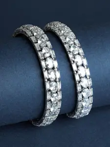 TEEJH Set Of 2 Silver-Plated Cubic Zirconia-Studded Oxidised Bangles