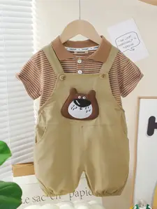 INCLUD Boys Striped Polo Collar Neck Dungaree With T-Shirt