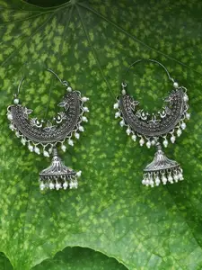 Sangria Silver-Plated Pearls Beaded Contemporary Oxidised Hoop Earrings