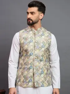 House of Pataudi Men Woven Design Mandarin Collar Nehru Jacket