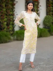 Rangreza Ethnic Eliza Floral Printed Notch Neck Chikankari Georgette Kurta With Inner