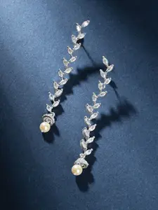 TEEJH Shimmera Silver-Plated Cubic Zirconia Studded Oxidised Drop Earrings