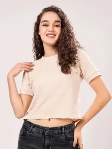TQH Women Beige Textured Crop Top with Round Neck