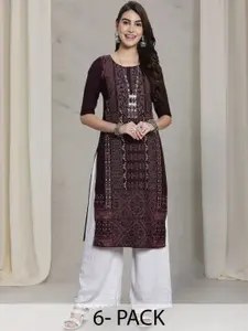 7Threads Women Pack Of 6 Ethnic Motifs Printed Daily Straight Kurtas