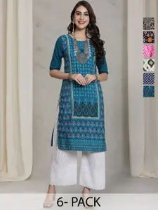7Threads Selection Of 6 Floral Printed Round Neck Straight Kurtas