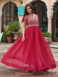 Fashion Basket Floral Embroidered Sequined Georgette Fit And Flare Ethnic Dress