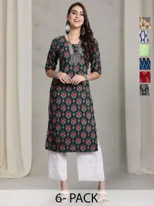 7Threads Selection Of 6 Floral Printed Round Neck Straight Kurtas