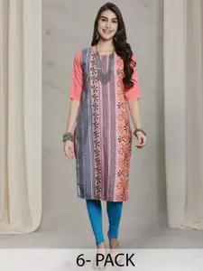 7Threads Selection Of 6 Geometric Printed Round Neck Straight Kurtas