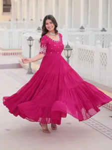 Fashion Basket Floral Embroidered Georgette Tiered Fit And Flare Ethnic Dress