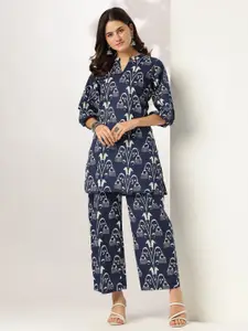 Janasya Printed Pure Cotton Mandarin Collar Neck Top With Trousers Co-Ords