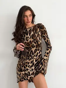 bebe Animal Print Boat Neck Bell Sleeves Sheath Dress