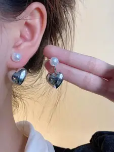 SUBHAGALANKAR Korean Gold-Plated Pearls Studded Heart Shaped Drop Earrings