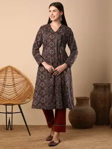 FASHOR Ethnic Motifs Printed V-Neck A-Line Kurta