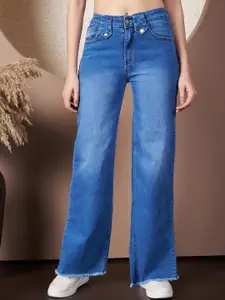 Purple Feather Women Straight Fit High-Rise Low Distress Light Fade Stretchable Jeans