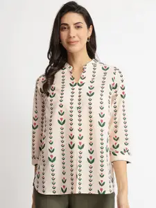 Pink Fort Floral Print Mandarin Collar Cotton Top