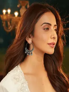 AccessHer Sterling Silver-Plated Pearls Beaded Dome Shaped Oxidised Hoop Earrings