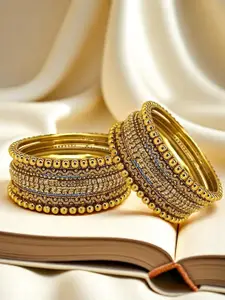 FEMMIBELLA Set Of 10 Gold-Plated Stone Studded Ball Chain Bangles