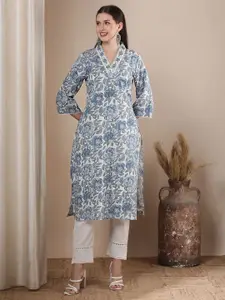 FASHOR Floral Printed V-Neck Pure Cotton Straight Kurta