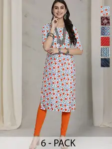 7Threads Women Pack Of 6 Ethnic Motifs Printed Daily Straight Kurtas
