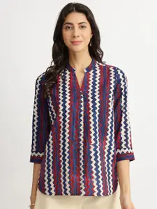 Pink Fort Geometric Print Mandarin Collar Cotton Top