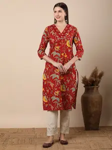 FASHOR Floral Printed V-Neck Pure Cotton Straight Kurta