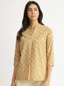 Pink Fort Geometric Print Mandarin Collar Cotton Top