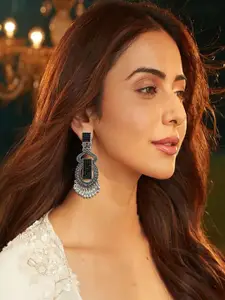 AccessHer Sterling Silver-Plated Stones Studded Square Shaped Oxidised Drop Earrings