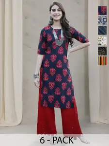 7Threads Selection Of 6 Floral Printed Round Neck Straight Kurtas