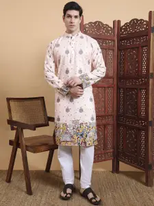 House of Pataudi Ethnic Motifs Printed Thread Work Mandarin Collar Pure Cotton Kurta