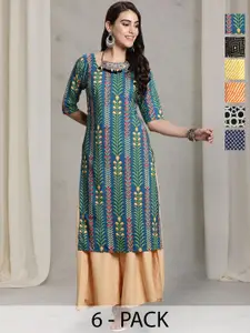 7Threads Women Ethnic Motifs Printed Regular Straight Calf Length Kurtas Sequins pack of 6