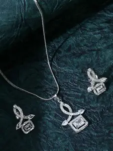 TANAIRA Silver-Plated American Diamond Studded Necklace Set