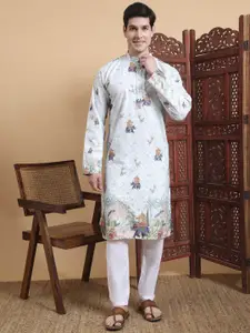 House of Pataudi Ethnic Motifs Printed Thread Work Mandarin Collar Pure Cotton Kurta