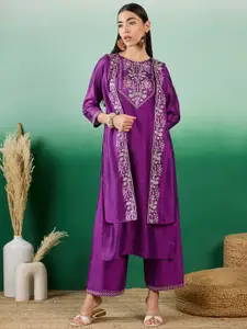 Sangria Floral Yoke Design Zari Work Straight Kurta & Palazzo With Shrug