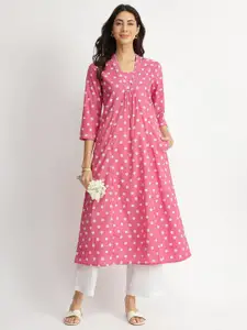 Pink Fort Dabu Polka Dot Printed Cold-Shoulder Sleeves Thread Work Pure Cotton Kurta