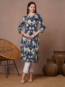 FASHOR Floral Printed Notch Neck Pure Cotton Straight Kurta