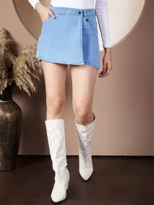 Purple Feather Denim Skorts Above knee Skirt