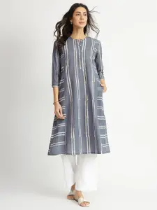 Pink Fort Women Striped Flared Sleeves Thread Work Kurta