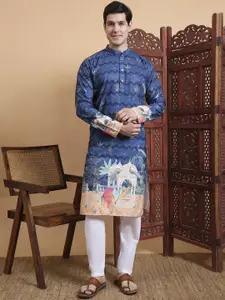 House of Pataudi Ethnic Motifs Embroidered Sequinned Mandarin Collar Pure Cotton Kurta