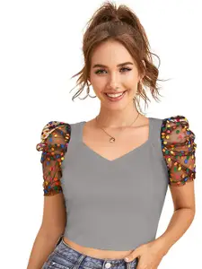 Fashion Care Tipsy Women Sweetheart Neck Puff Sleeves Fitted Crop Top