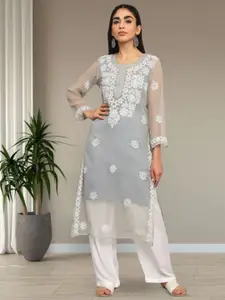 PARAMOUNT CHIKAN Floral Embroidered Lucknowi Chikankari Georgette Straight Kurta