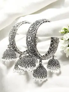 FEMMIBELLA Set Of 2 Silver-Plated CZ Studded & Beaded Bangles