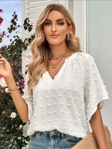 StyleCast White Embellished Choker Neck Extended Sleeves Top