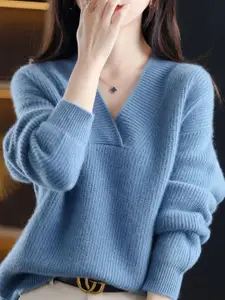 StyleCast Women Striped V- Neck Pullover Sweater
